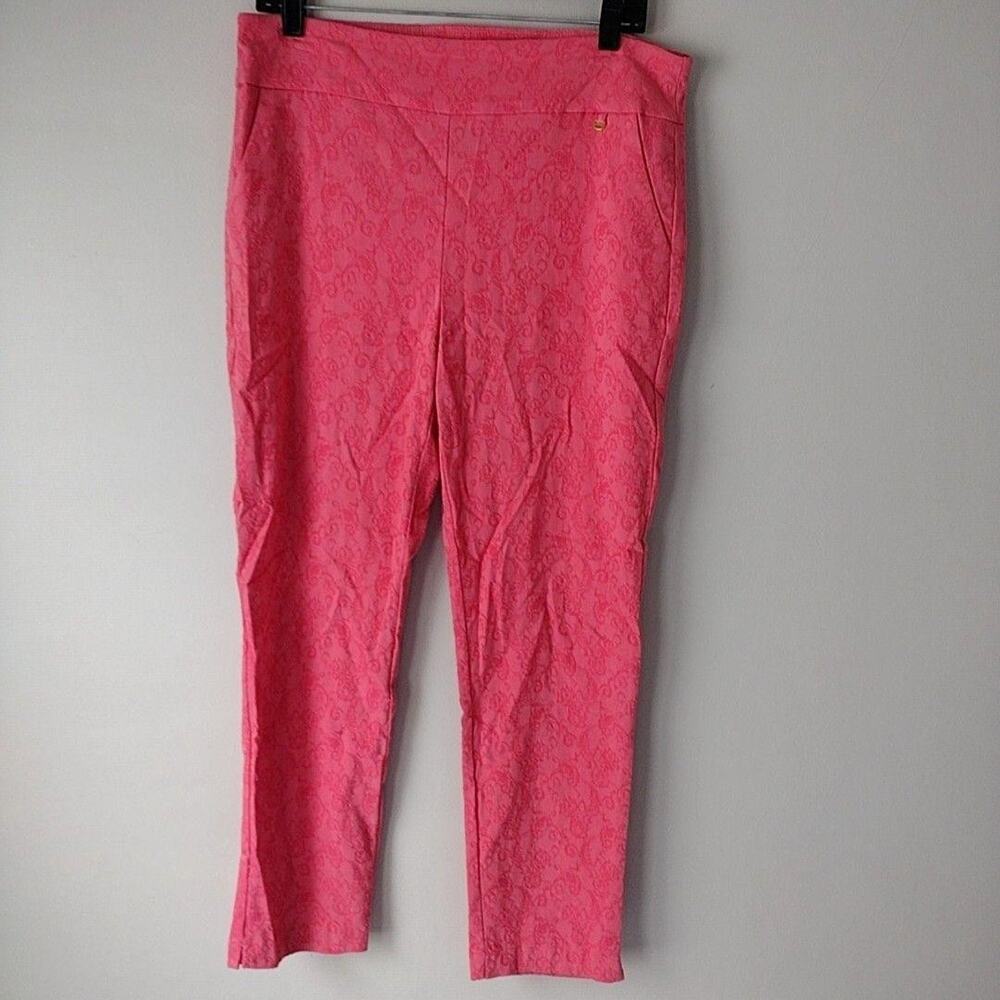 Attyre New York Pants Womens 34 Pink Floral Twill Pull On Ankle Straight Leg